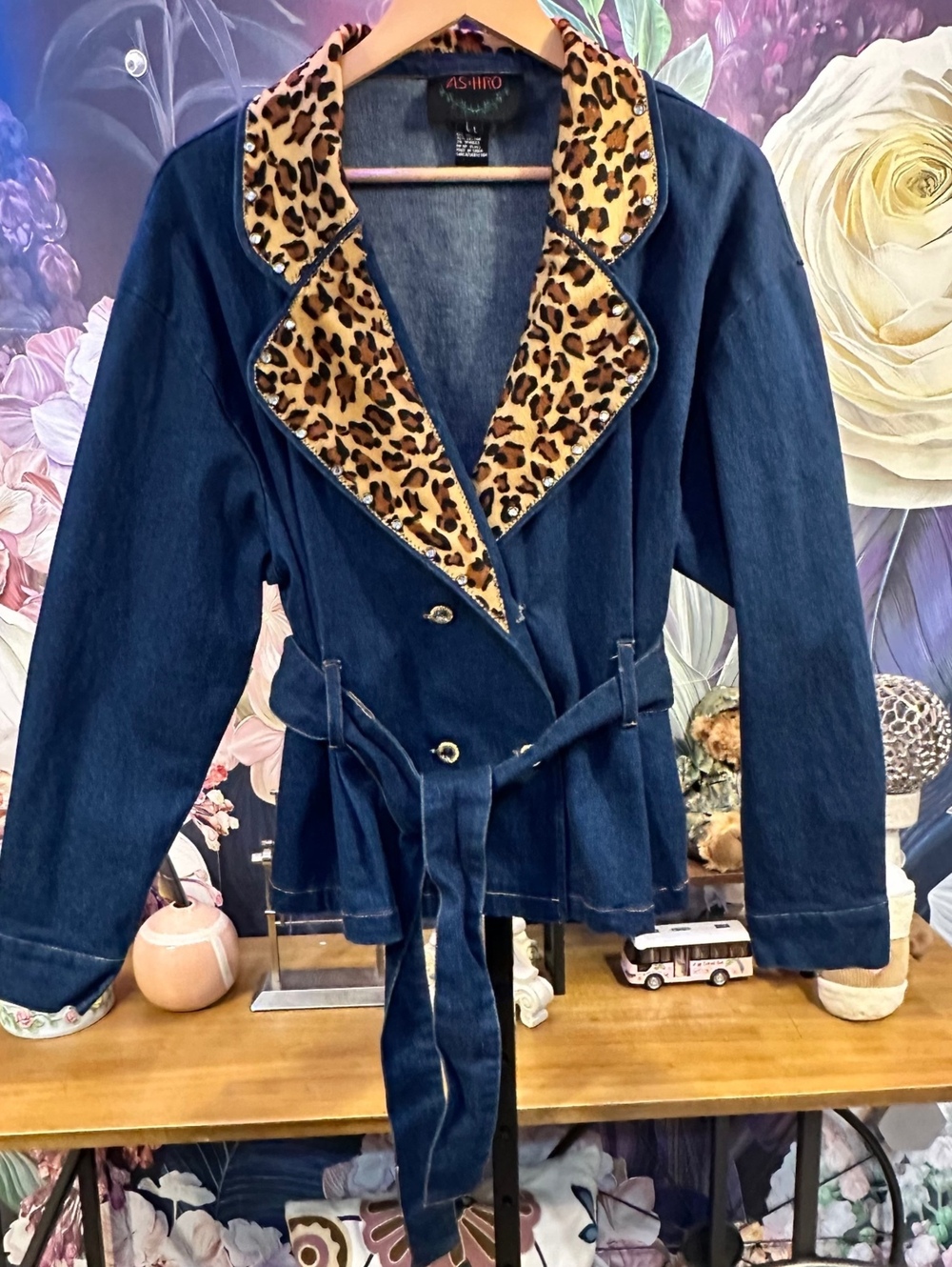 ASHRO L Women's Denim Jacket Leopard Rhinestone Belted Peplum Y2K Statement